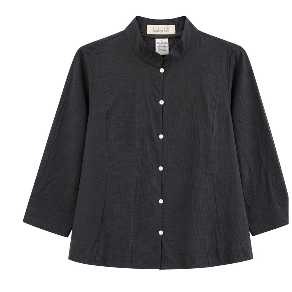 Linden Hill Women Black 100%‎ Silk Quilted Mandarin Collar 3/4 Sleeve Blouse L